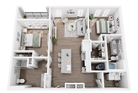 A top-down view of a well-organized apartment with a kitchen, living room, and bedrooms.
